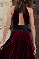 Load image into Gallery viewer, Burgundy High Neck Velvet Long Holiday Party Dress with Slit