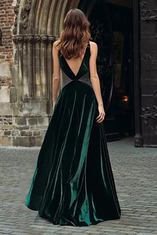 Sparkly Dark Green Velvet Beaded Long Holiday Party Dress