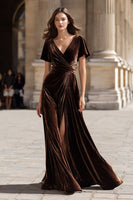 Load image into Gallery viewer, Brown Velvet A Line Long Holiday Party Dress with Sleeves