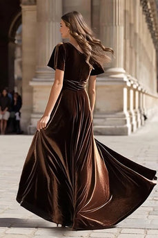 Brown Velvet A Line Long Holiday Party Dress with Sleeves