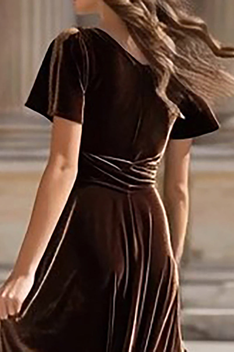 Load image into Gallery viewer, Brown Velvet A Line Long Holiday Party Dress with Sleeves
