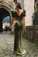 Load image into Gallery viewer, Olive Velvet Mermaid V Neck Long Holiday Party Dress
