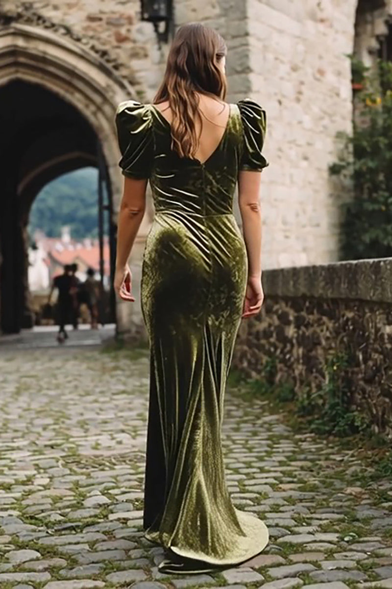 Load image into Gallery viewer, Olive Velvet Mermaid V Neck Long Holiday Party Dress