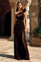 Load image into Gallery viewer, Brown Velvet Sheath One Shoulder Long Holiday Party Dress with Slit