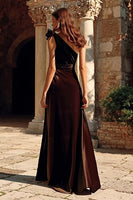 Load image into Gallery viewer, Brown Velvet Sheath One Shoulder Long Holiday Party Dress with Slit
