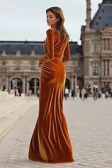 Caramel Sheath Velvet Long Holiday Party Dress with Sleeves