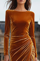 Load image into Gallery viewer, Caramel Sheath Velvet Long Holiday Party Dress with Sleeves