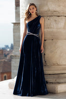 Load image into Gallery viewer, Sparkly Navy Beaded Velvet One Shoulder Long Holiday Party Dress