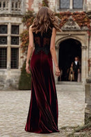 Load image into Gallery viewer, Burgundy Velvet Mermaid Round Neck Long Holiday Party Dress