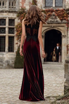 Burgundy Velvet Mermaid Round Neck Long Holiday Party Dress