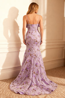 Floral Purple Embroidered Mermaid Long Prom Dress with Bow