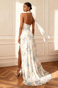 Floral White Neck Scarf A Line Long Corset Prom Dress with Slit