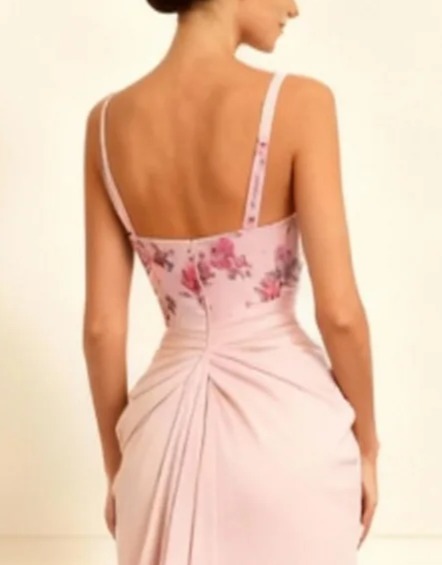 Load image into Gallery viewer, Floral Dusty Rose Sheath Satin Ruched Long Prom Dress with Slit