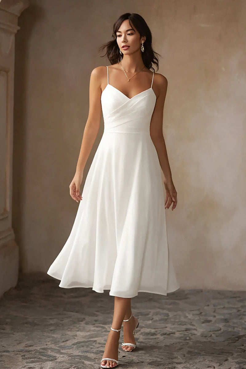 Load image into Gallery viewer, White Chiffon Spaghetti Straps A Line Midi Engagement Dress