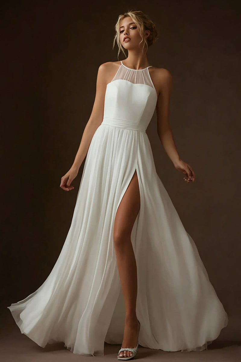 Queendancer Women White Chiffon Long Rehearsal Dinner Dress with Slit A Line Halter Engagement Dress – queendancer