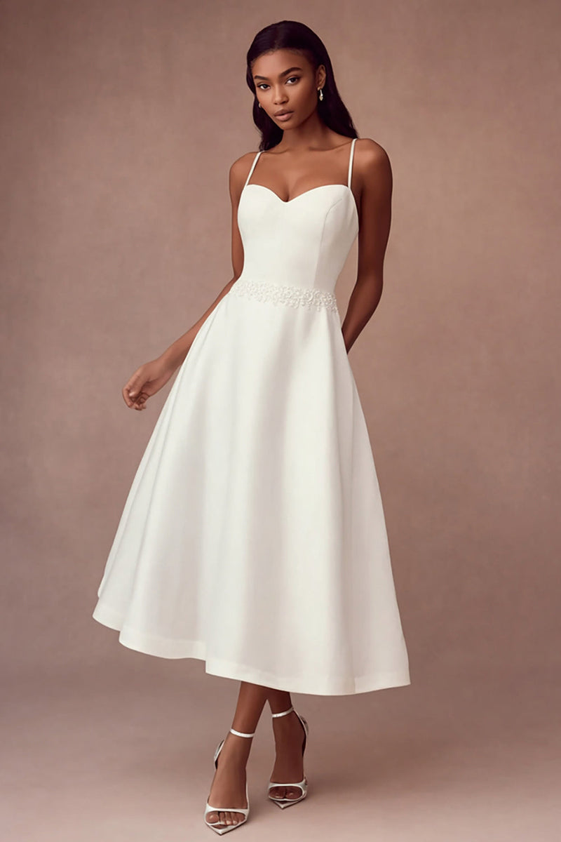 Load image into Gallery viewer, White Satin Spaghetti Straps A Line Long Wedding Reception Dress