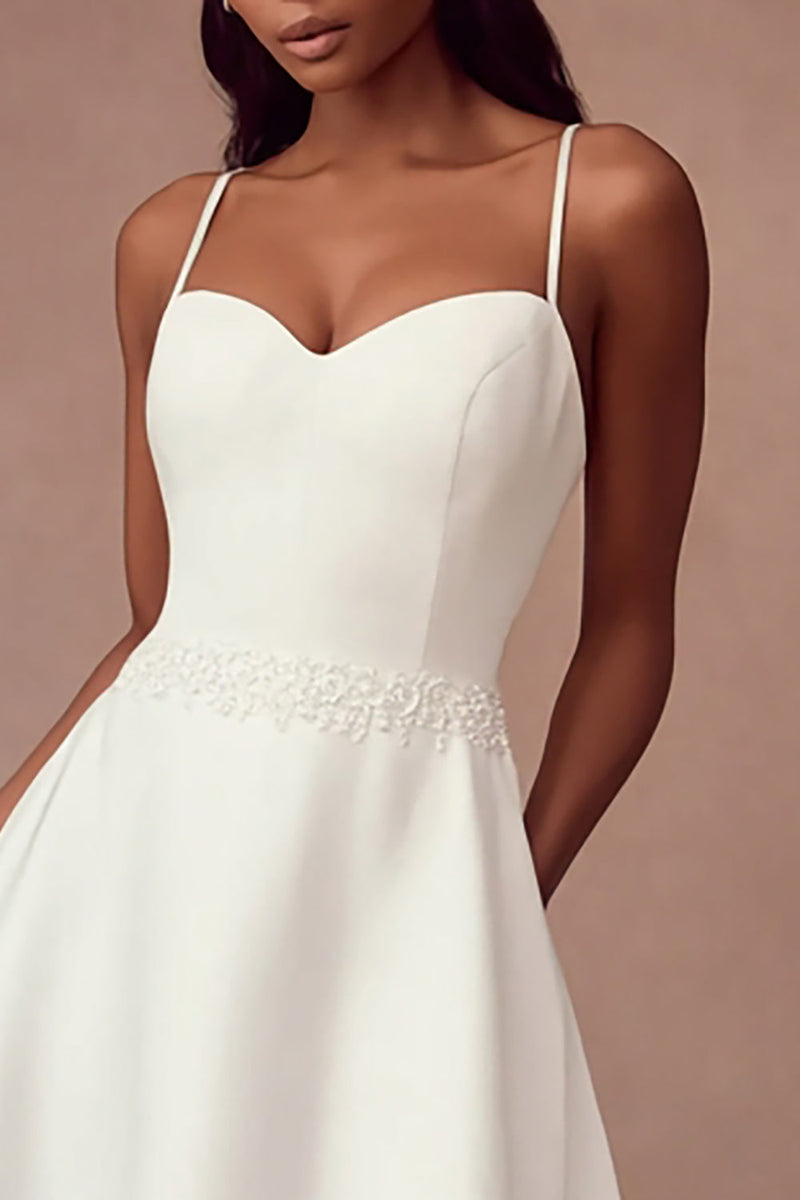 Load image into Gallery viewer, White Satin Spaghetti Straps A Line Long Wedding Reception Dress