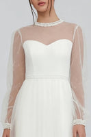 Load image into Gallery viewer, Sparkly White A Line Tulle Midi Engagement Dress with Beading