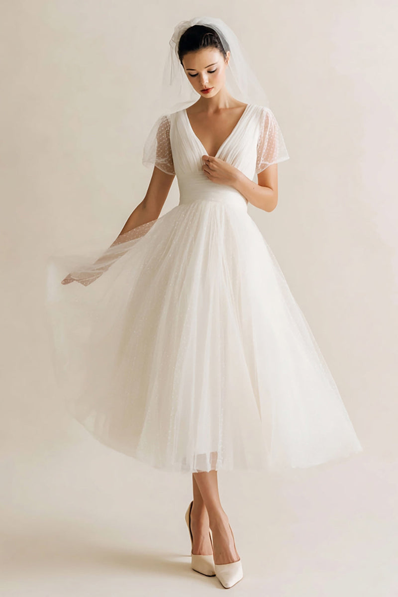 Load image into Gallery viewer, White A Line Tulle V-Neck Dots Midi Wedding Reception Dress