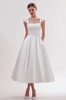 Load image into Gallery viewer, White Satin A Line Square Neck Long Wedding Reception Dress