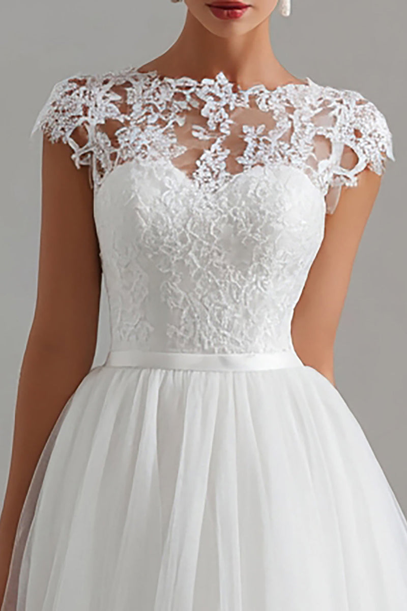 Load image into Gallery viewer, White A Line Tulle Bateau Neck Midi Engagement Dress with Lace
