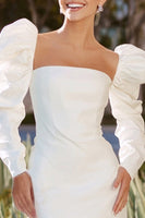 Load image into Gallery viewer, White Satin Bodycon Square Neck Short Bachelorette Dress with Sleeves