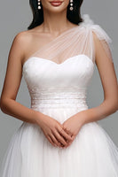 Load image into Gallery viewer, White Tulle A Line One Shoulder High Low Engagement Dress