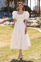 Load image into Gallery viewer, Simple White Satin A Line Puff Sleeves Midi Engagement Dress