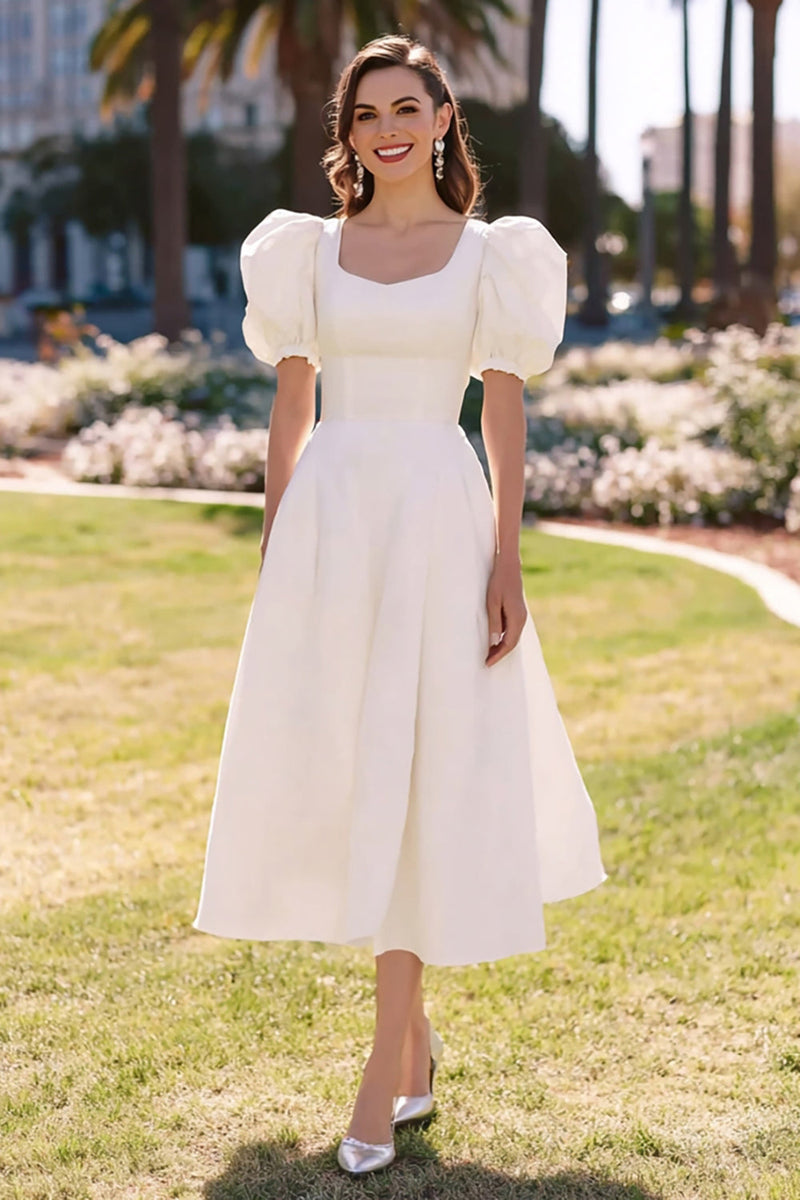 Load image into Gallery viewer, Simple White Satin A Line Puff Sleeves Midi Engagement Dress
