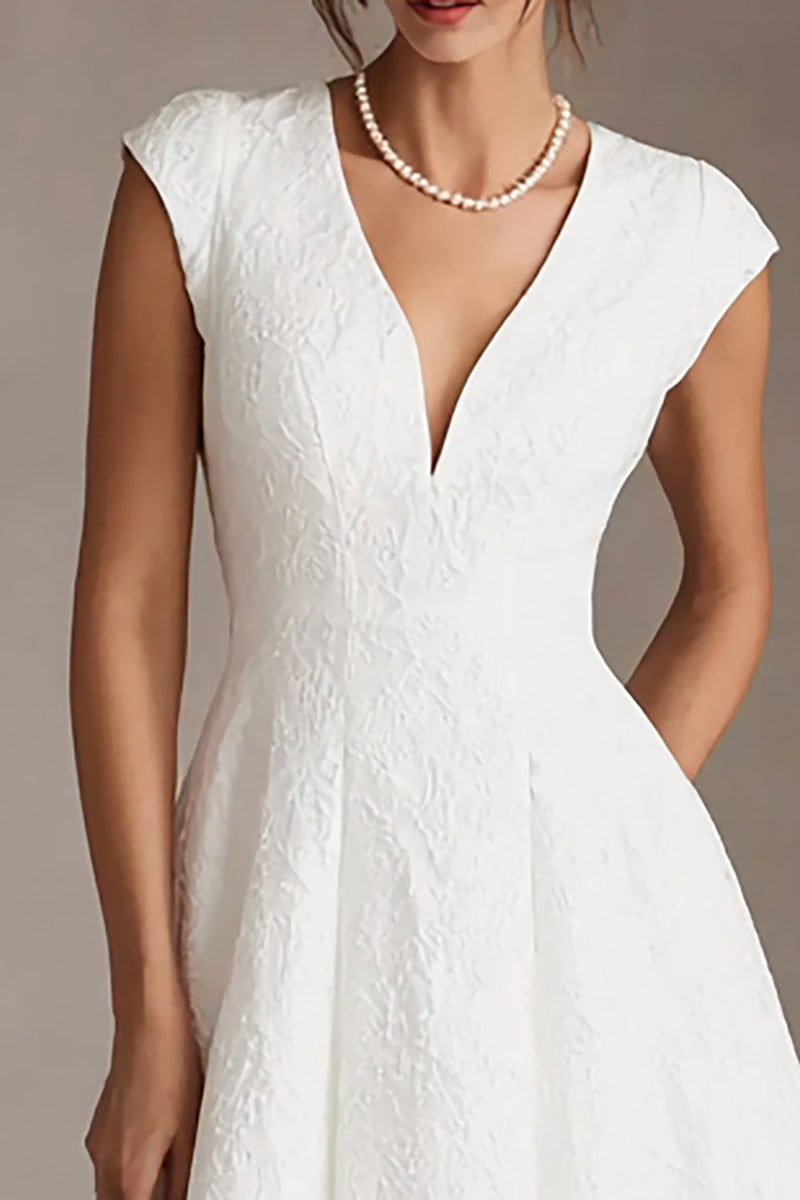 Load image into Gallery viewer, Simple White A Line V-Neck Midi Wedding Reception Dress