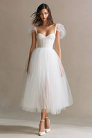 Load image into Gallery viewer, Simple White A Line Tulle Long Corset Engagement Dress with Sleeves