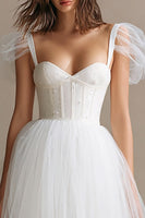 Load image into Gallery viewer, Simple White A Line Tulle Long Corset Engagement Dress with Sleeves