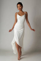 Load image into Gallery viewer, Simple White Sheath Spaghetti Straps Asymmetrical Engagement Dress