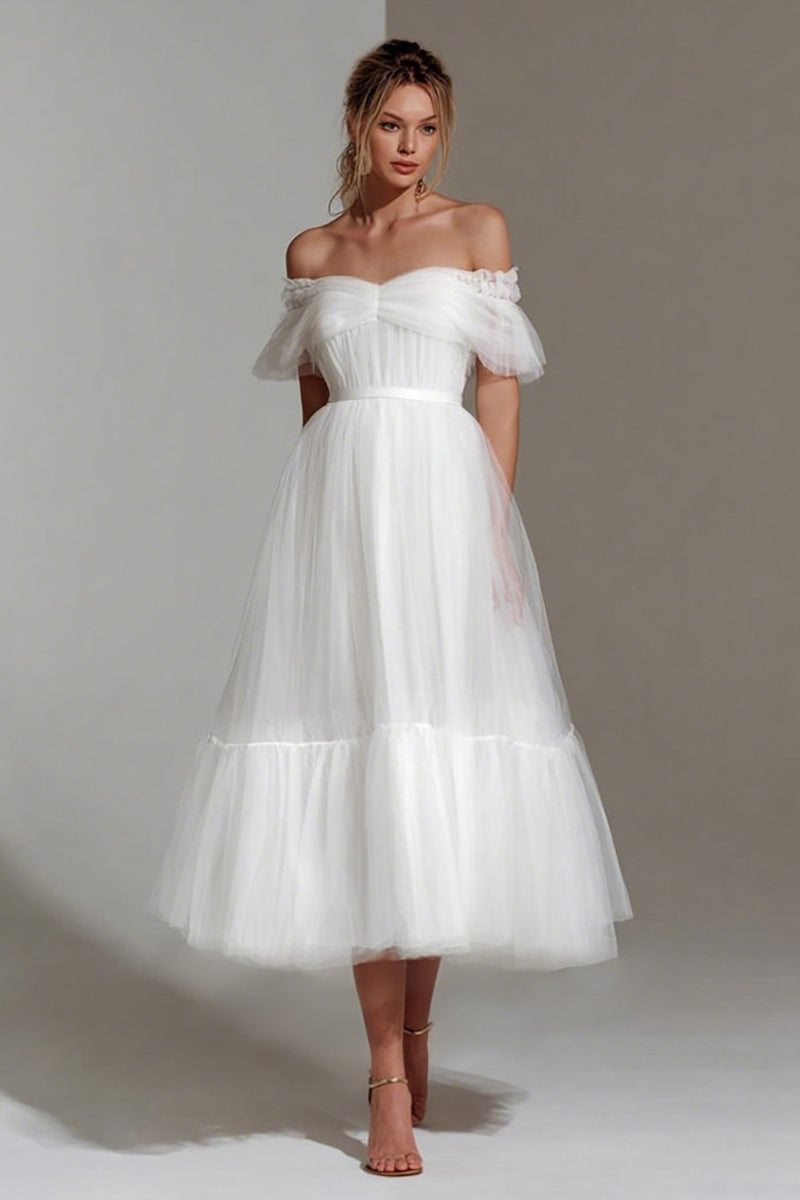 Load image into Gallery viewer, White Tulle A Line Off the Shoulder Midi Engagement Dress with Ruffles