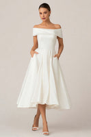 Load image into Gallery viewer, White Off the Shoulder Satin A Line Midi Wedding Reception Dress with Pockets