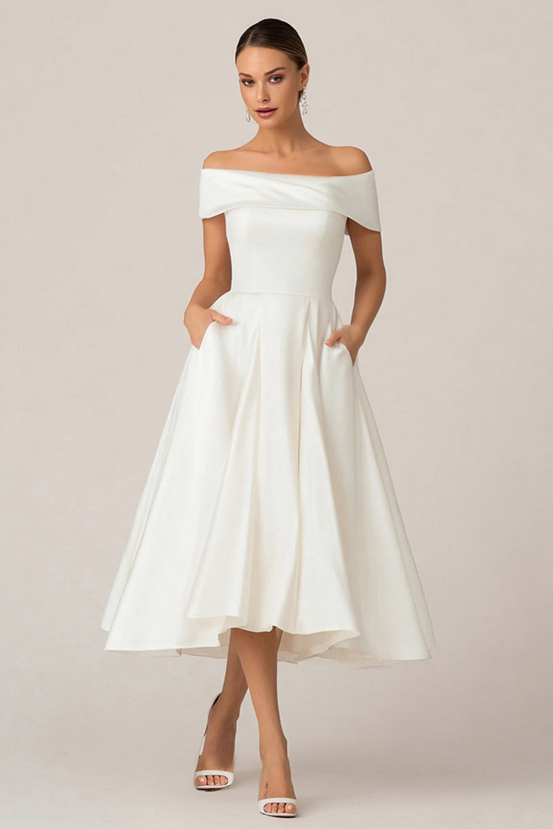 Load image into Gallery viewer, White Off the Shoulder Satin A Line Midi Wedding Reception Dress with Pockets