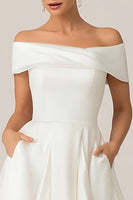 Load image into Gallery viewer, White Off the Shoulder Satin A Line Midi Wedding Reception Dress with Pockets