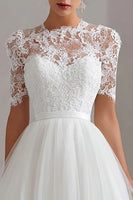 Load image into Gallery viewer, White A Line Tulle Short Sleeves Midi Engagement Dress with Lace