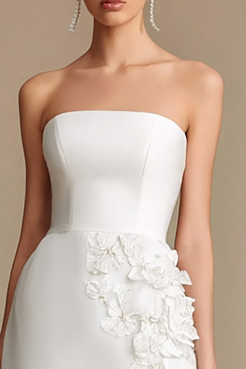 Load image into Gallery viewer, White Satin Bodycon Strapless Short Bachelorette Dress with 3D Flowers