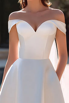 Simple White Off the Shoulder A Line Satin Short Wedding Dress