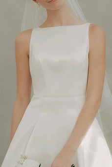 White A Line Bateau Neck Satin Short Wedding Dress