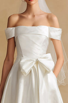 White Satin A Line Off the Shoulder Long Wedding Dress with Bow