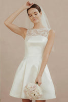 Load image into Gallery viewer, White Satin A Line Round Neck Short Wedding Dress with Lace