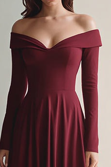Burgundy A Line Off the Shoulder Long Formal Dress with Sleeves