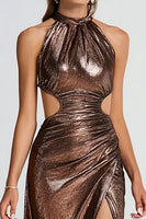 Load image into Gallery viewer, Sparkly Coffee Cut Out Halter Long Formal Dress with Slit