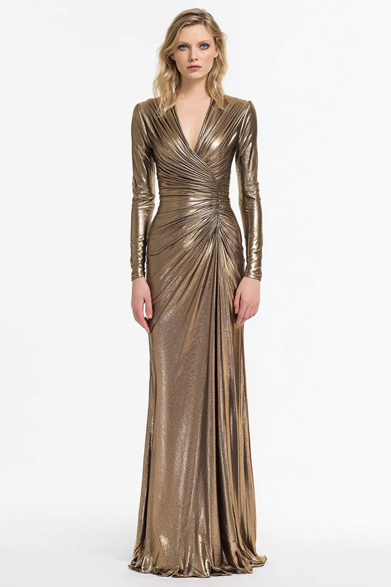 Load image into Gallery viewer, Sparkly Grey and Gold Metallic Sheath V-Neck Long Sleeves Formal Dress