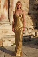 Load image into Gallery viewer, Gold Satin Mermaid Spaghetti Straps Long Formal Dress