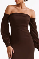 Load image into Gallery viewer, Dark Brown Satin Strapless Sheath Long Formal Dress with Sleeves