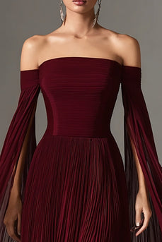 Burgundy Off the Shoulder Pleated Long Formal Dress with Cape
