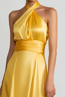 Load image into Gallery viewer, Yellow Halter Satin A Line Long Formal Dress